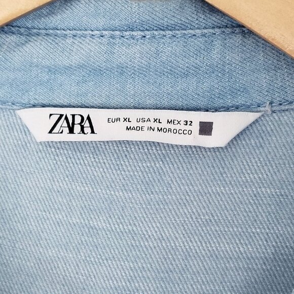 Zara Linen Blend Button Down Blue Chambray Midi Shirt Dress XL Soft Light Denim - Picture 5 of 16